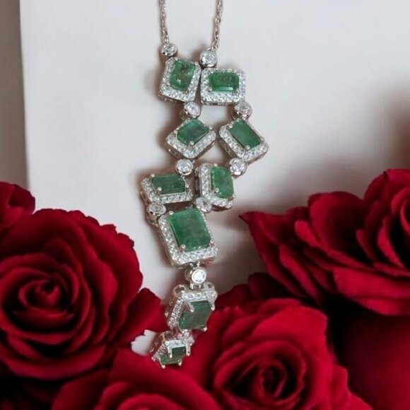 925 Sterling Silver Necklace 18" with Natural Emerald Gem & Cz - Picture 9 of 9